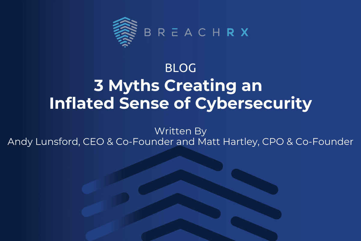 BreachRX blog cover titled "3 Myths Creating an Inflated Sense of Cybersecurity" by Andy Lunsford and Matt Hartley.