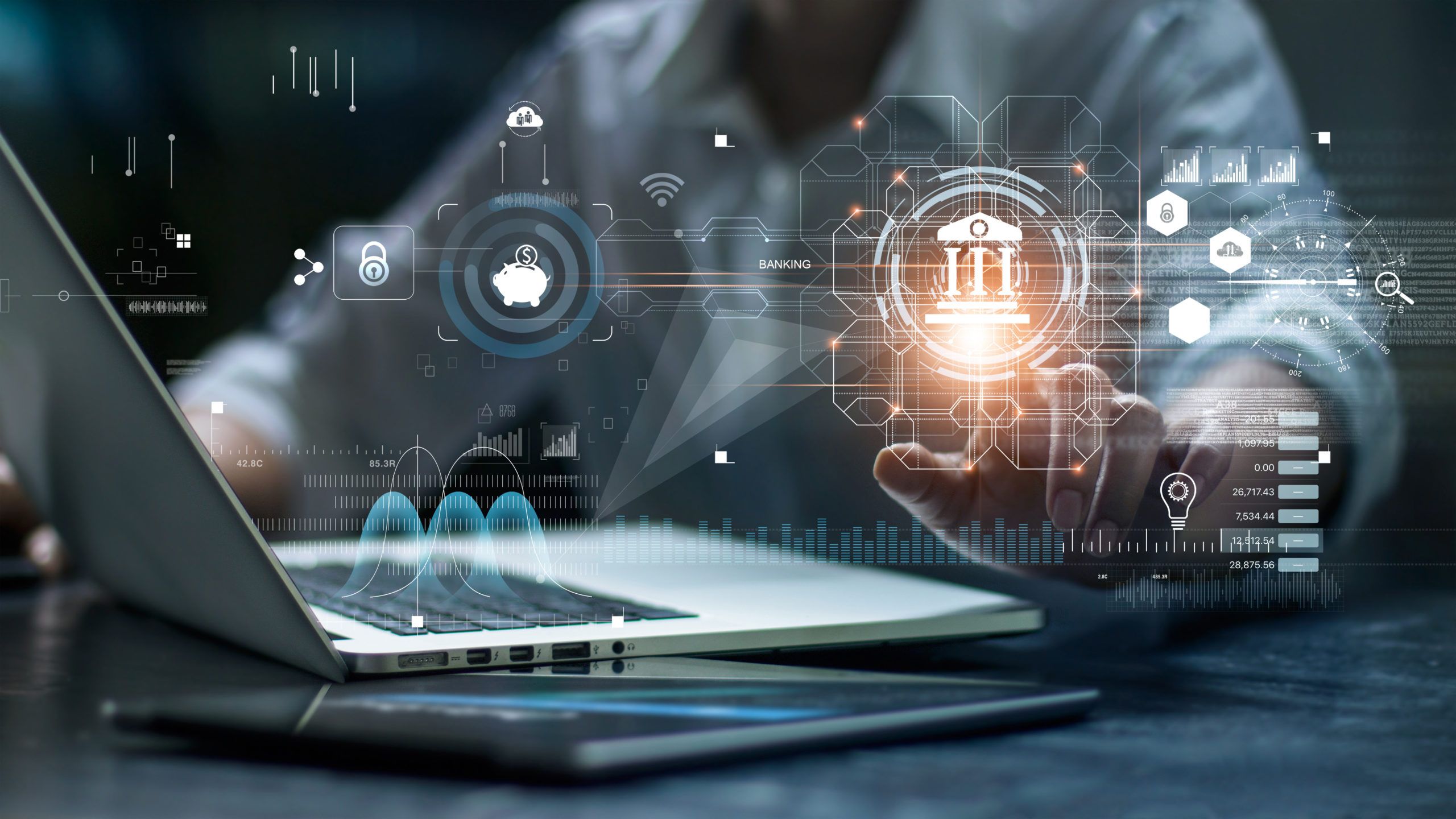 Person using a laptop with digital banking icons, security locks, and financial data graphics overlaid in a futuristic
