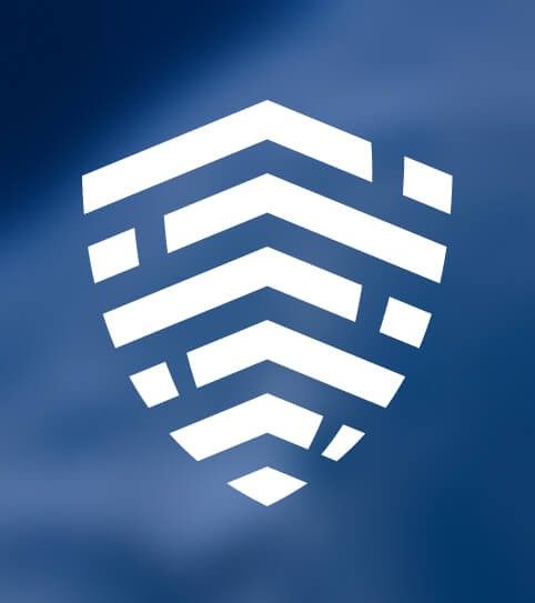 White shield logomark with horizontal stripe pattern centered on a blue cloudy sky background.