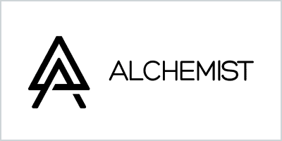 Black geometric logo featuring a stylized triangular "A" symbol next to the word "ALCHEMIST" in bold sans-serif lettering.
