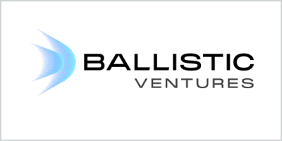 Ballistic Ventures logo featuring a stylized blue arrow graphic alongside bold black text.
