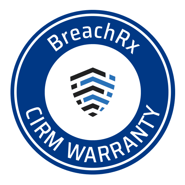 Circular blue BreachRx CIRM Warranty badge featuring a shield logo with black and blue chevron stripes in the center.