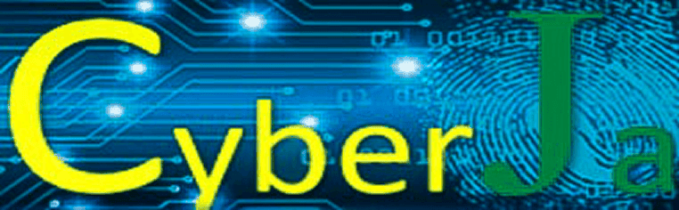 "CyberJa" logo in yellow and green text over a blue circuit board background with a fingerprint motif.