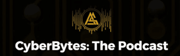 CyberBytes: The Podcast logo featuring a gold triangular emblem with sound wave graphics on a black background.