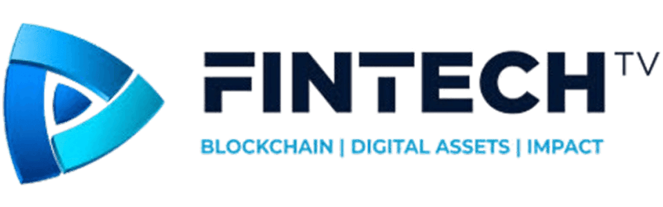 FINTECH TV logo featuring a blue triangular play button icon with the tagline "Blockchain | Digital Assets | Impact."