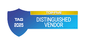 Blue shield-shaped badge labeled "TAG 2025 Top Five Distinguished Vendor" with gold and white accents.