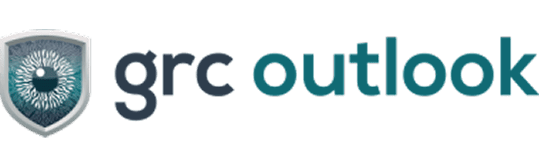 GRC Outlook logo featuring a shield emblem with a stylized eye design beside dark gray and teal lowercase text.