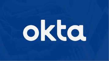 Okta logo displayed in white lowercase lettering on a blue background with subtle background imagery.
