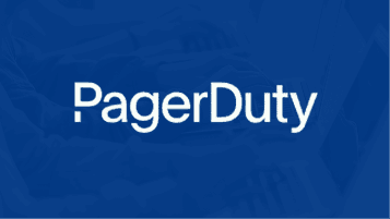 White PagerDuty logo centered on a blue background with a faint overlay image.