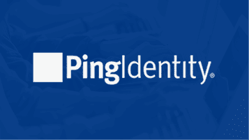 PingIdentity logo in white text on a blue background with a faint overlay of hands typing on a keyboard.
