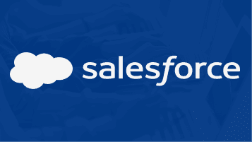 Salesforce logo featuring a white cloud icon and wordmark on a blue background with subtle tech imagery.