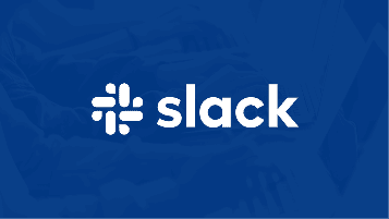 White Slack logo and wordmark centered on a blue background with a faint workspace image.
