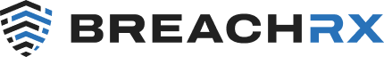 Breach-RX logo featuring a stylized shield with blue accents alongside bold black and blue text.