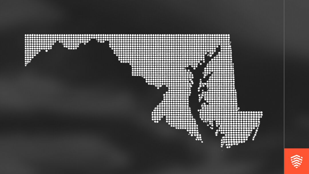 Dotted white outline of Maryland's state shape against a dark gray background, representing data breach regulations.