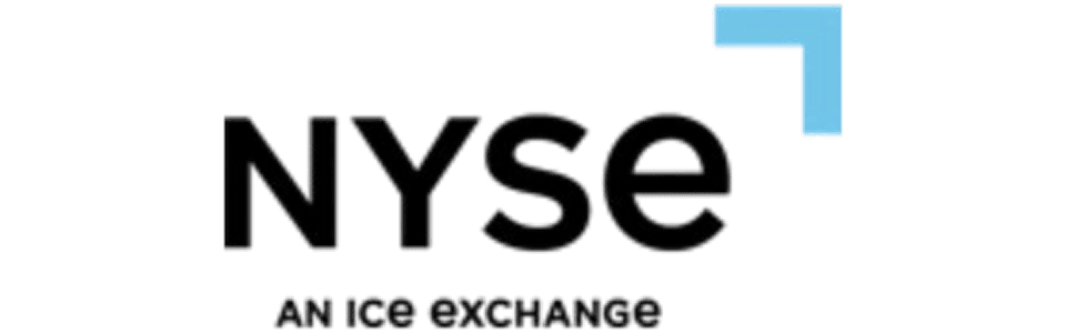 NYSE logo with tagline "An ICE Exchange" featuring a blue corner bracket accent.