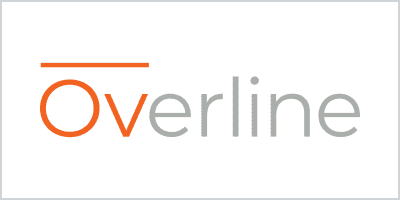 Overline logo featuring an orange "O" with a horizontal bar above it, followed by "verline" in gray lettering.