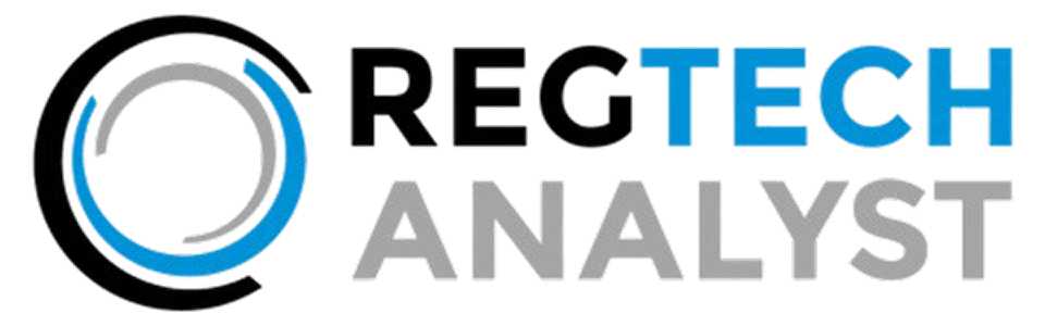 RegTech Analyst logo featuring a circular black and blue emblem alongside bold text in black, blue, and gray.