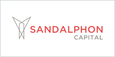 Sandalphon Capital logo featuring a geometric gray emblem alongside the company name in red and gray text.
