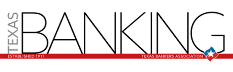 Texas Banking magazine logo featuring bold black lettering, established 1911 by the Texas Bankers Association, with a red