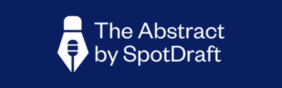 "The Abstract by SpotDraft" logo featuring a white pen nib with microphone icon on a navy blue background.