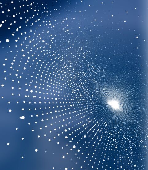 Abstract swirling vortex of white particles radiating from a glowing center against a deep blue background.