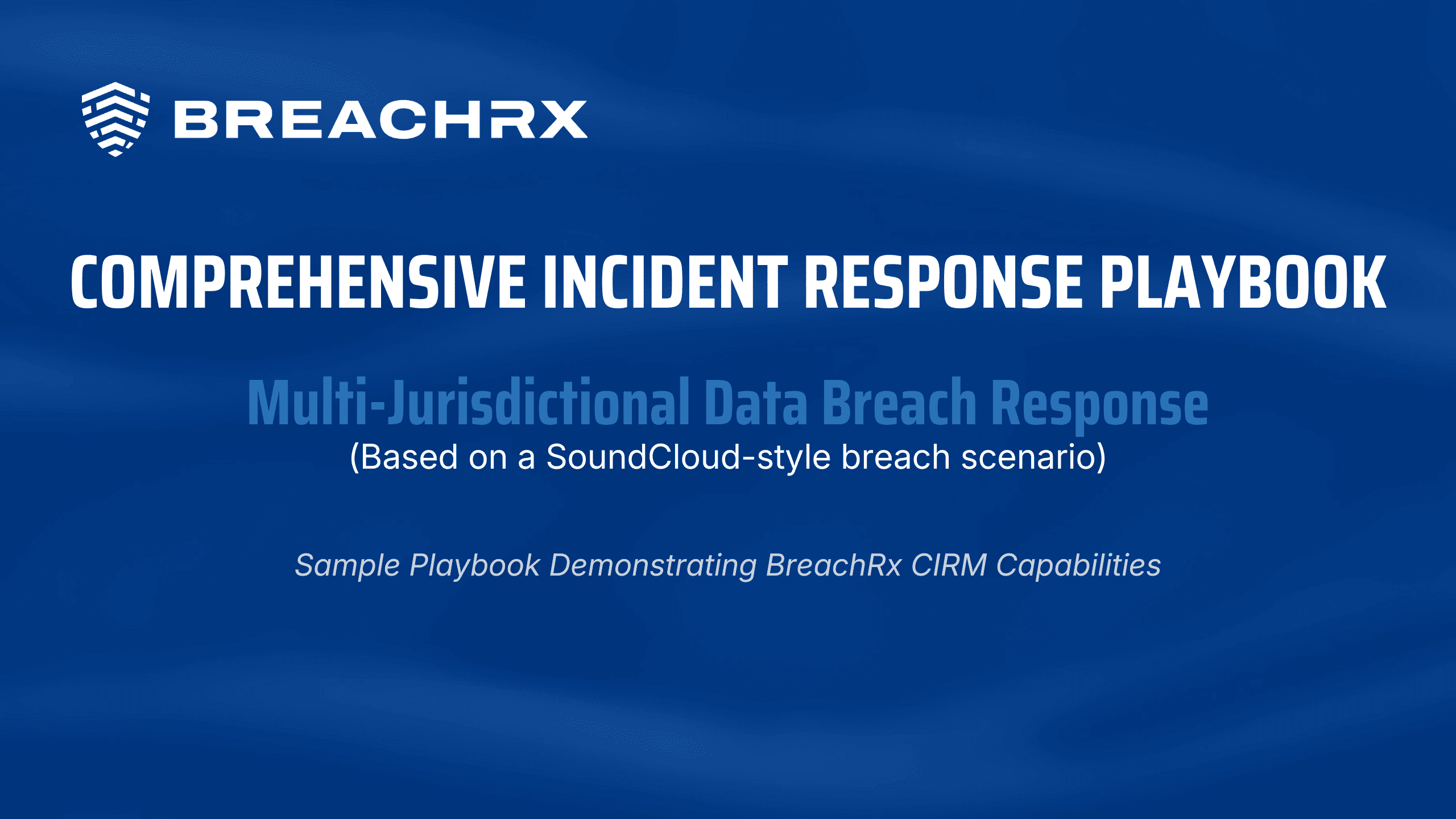 BreachRx blue cover graphic titled "Comprehensive Incident Response Playbook" for multi-jurisdictional data breach response.
