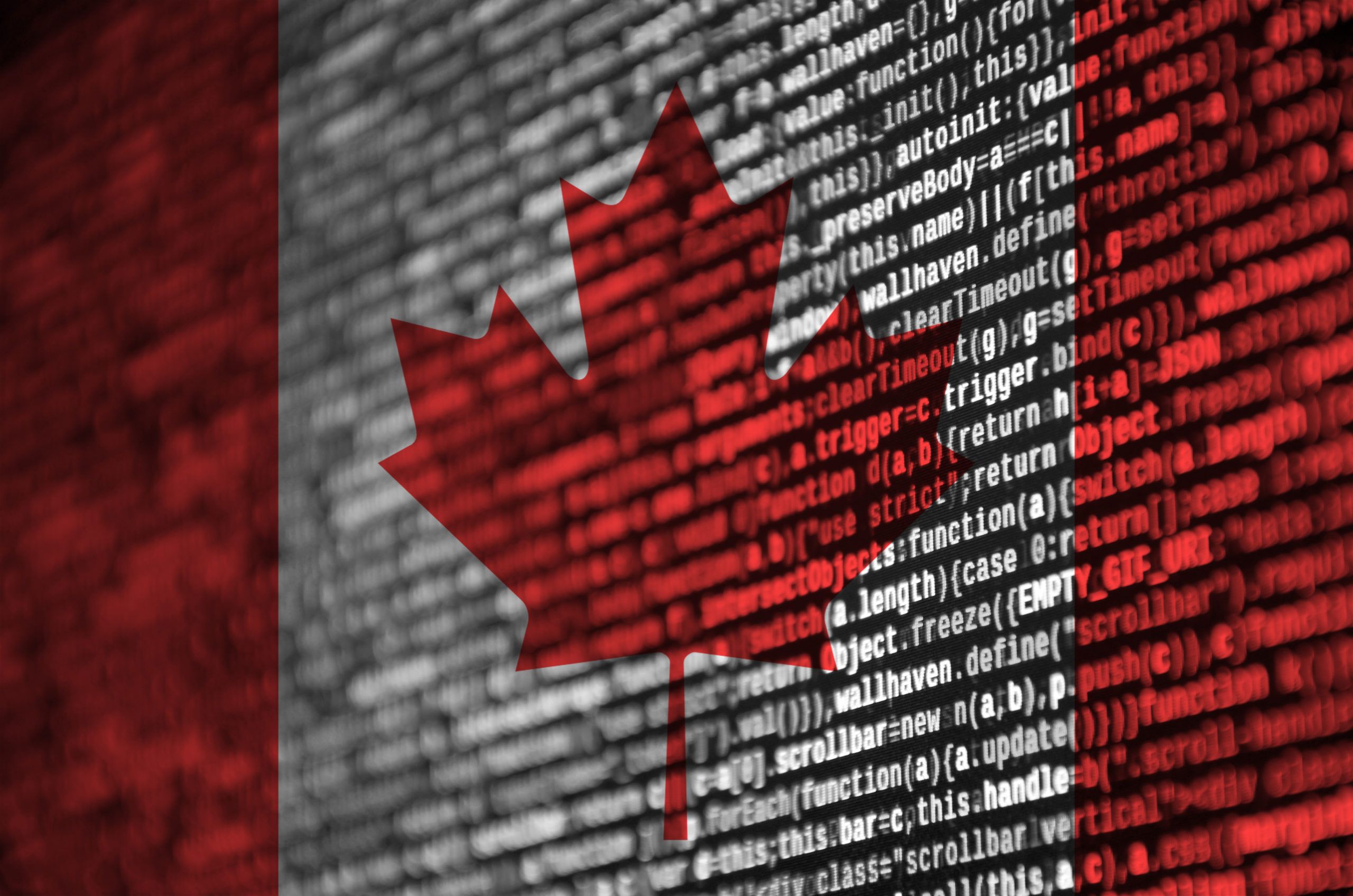 Canadian flag with maple leaf overlaid on lines of programming code, symbolizing technology and software development.
