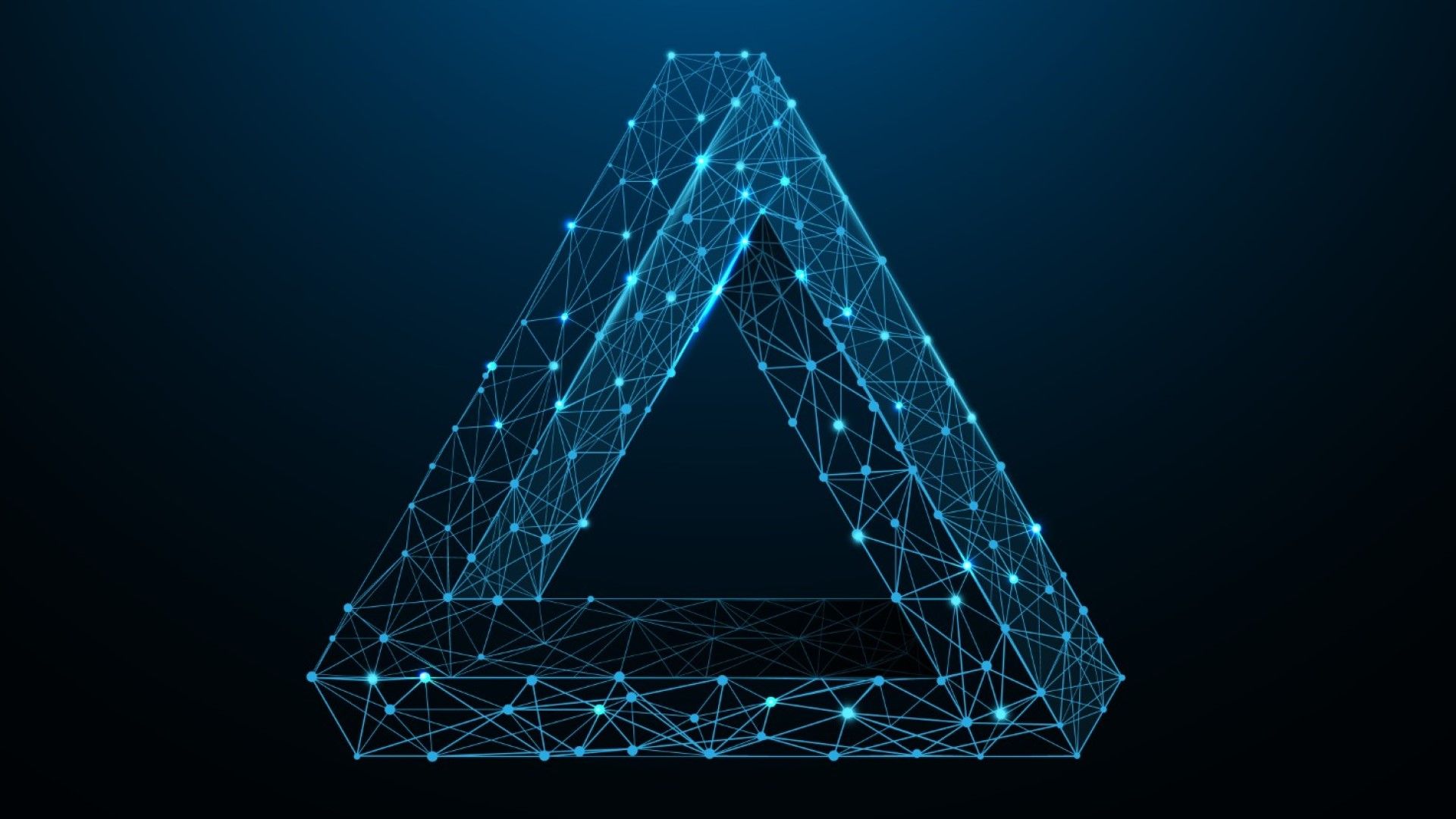 Glowing blue wireframe Penrose triangle made of interconnected nodes and lines against a dark navy background.