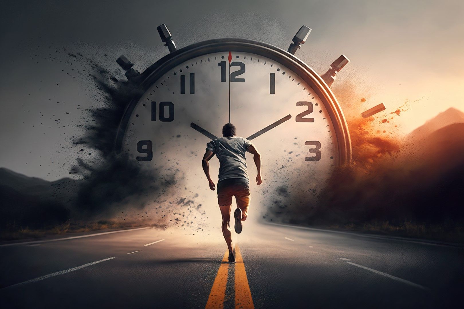 Runner sprints down an open road toward a massive disintegrating stopwatch, symbolizing the race against time.