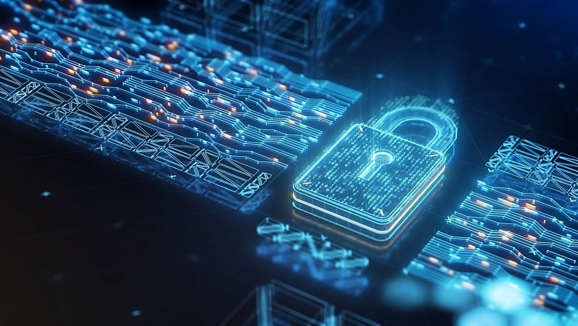 Glowing blue digital padlock on a futuristic circuit board, symbolizing cybersecurity and data protection in technology.