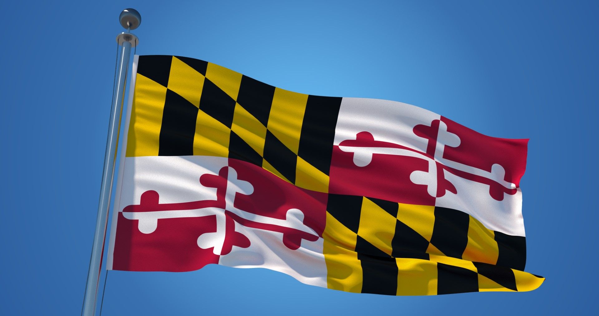 Maryland state flag waving on a pole against a clear blue sky, displaying its distinctive black, gold, red, and white design.