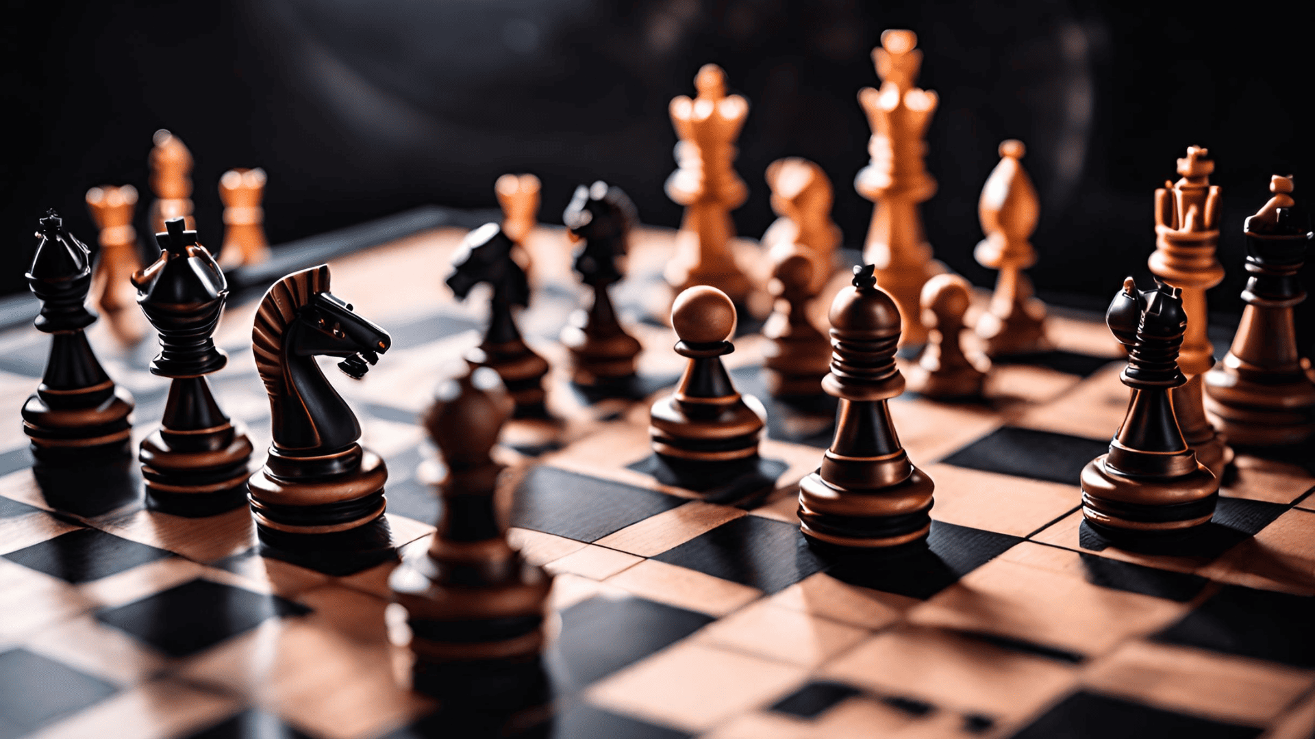 Wooden chess pieces arranged mid-game on a checkered board, dramatically lit against a dark background.