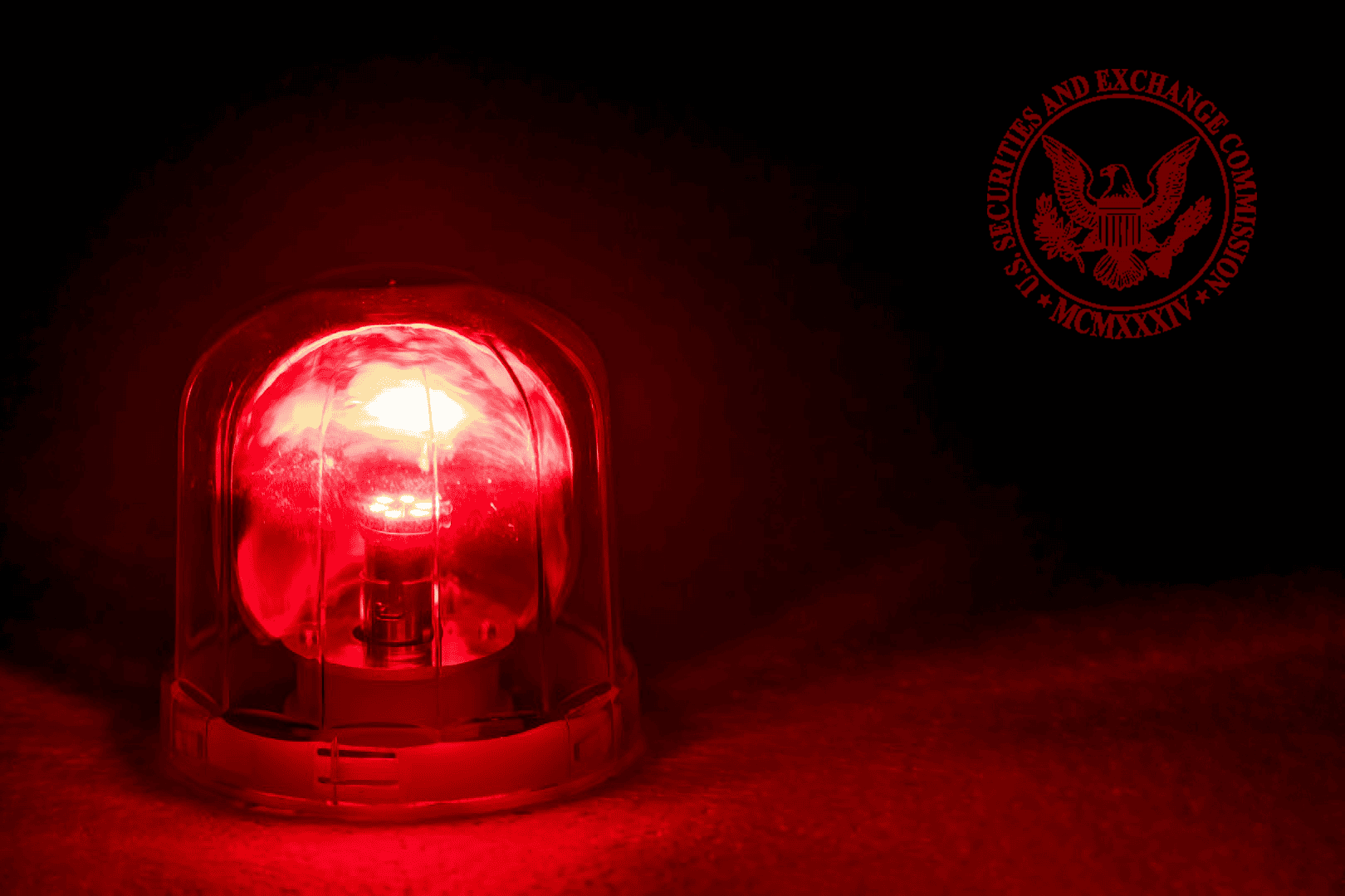 Glowing red emergency alert beacon illuminated against a dark background with the U.S. Securities and Exchange Commission