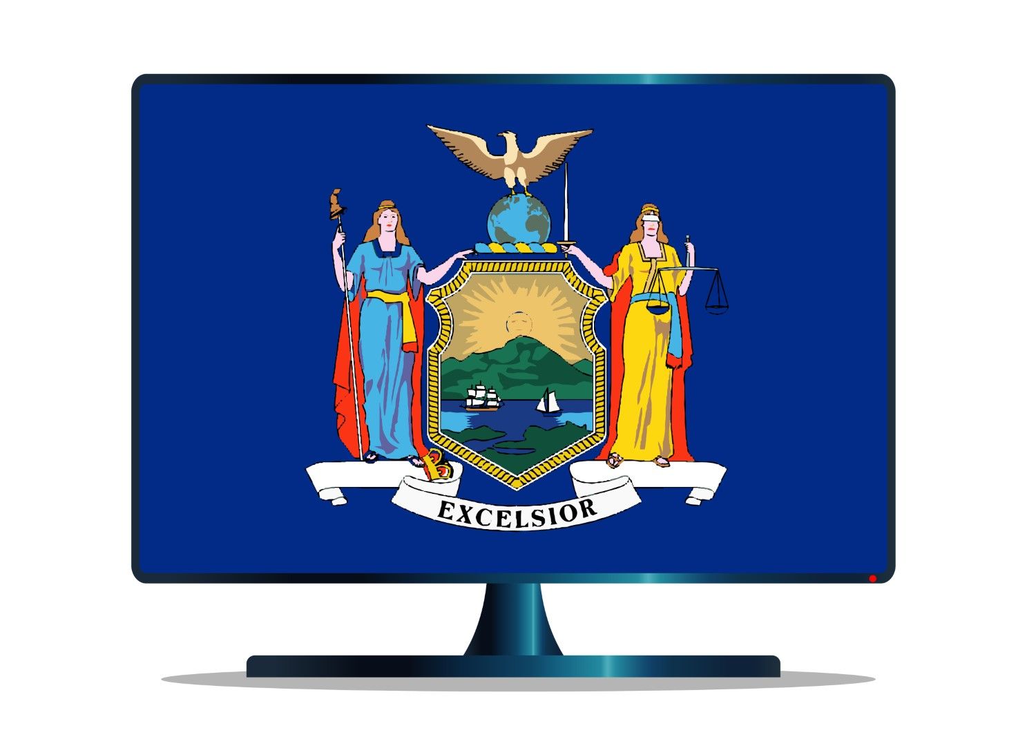 New York state flag displayed on a computer monitor, featuring the coat of arms with Liberty, Justice, and "Excelsior" motto.