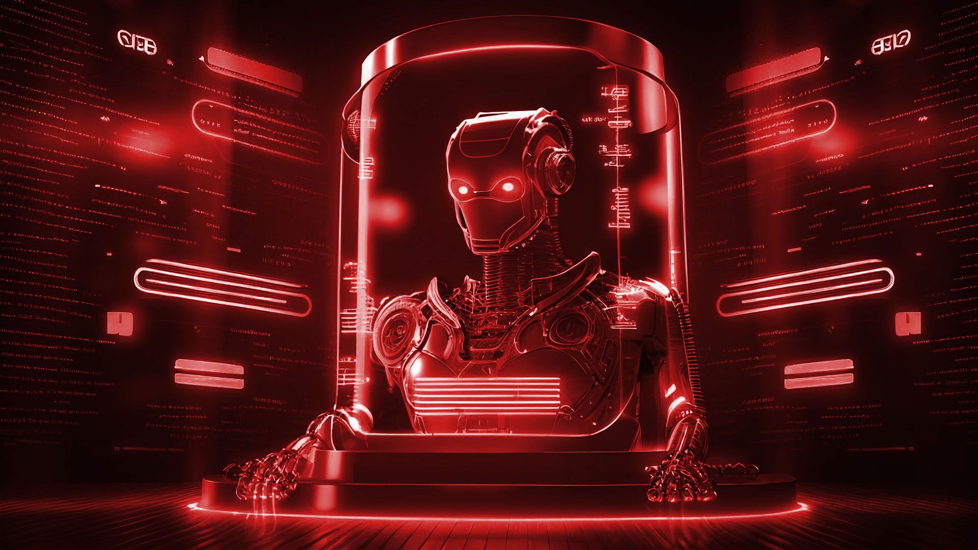Ominous humanoid AI robot encased in a glass chamber, illuminated by red light amid walls of data code.