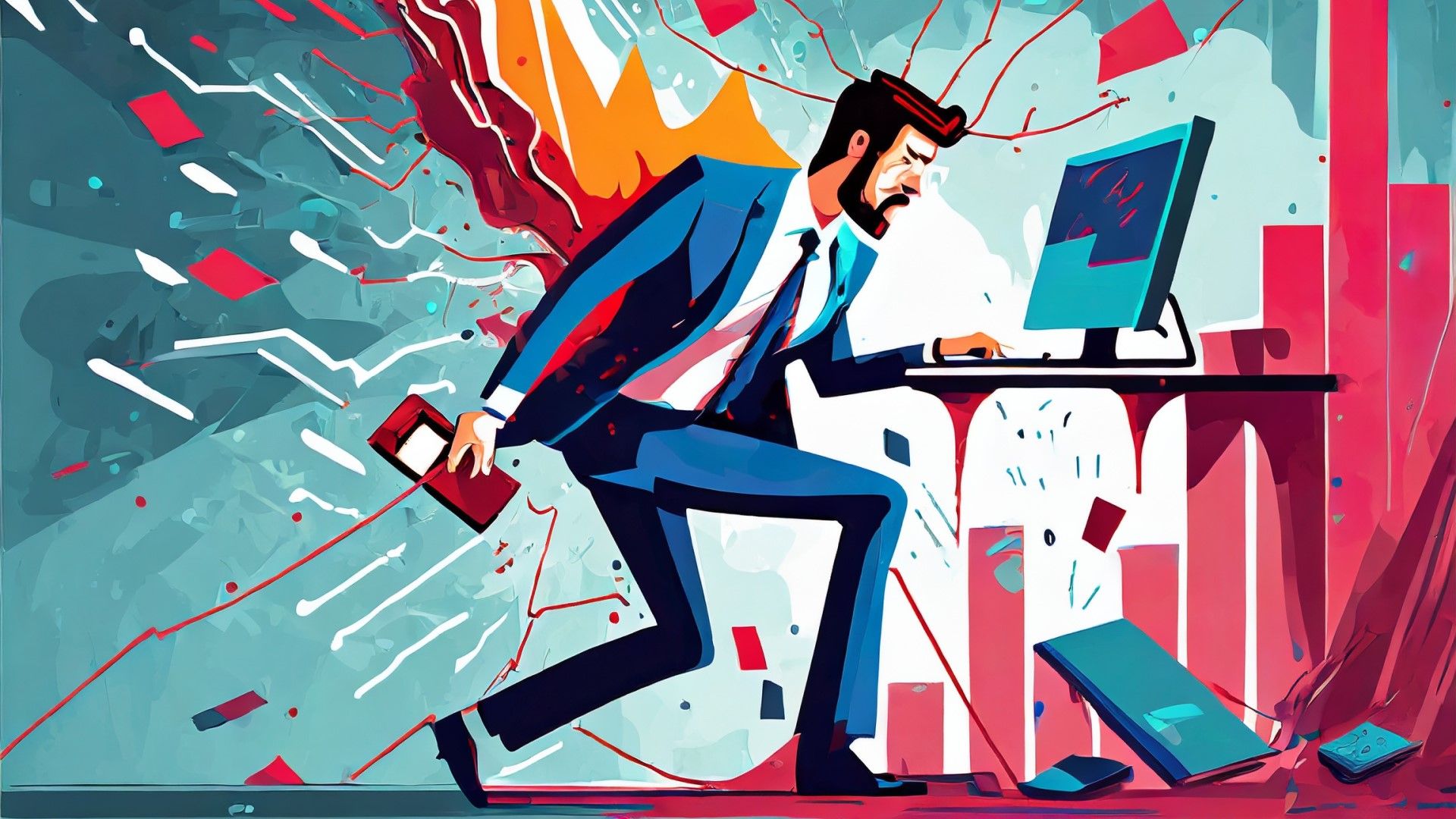 Stylized illustration of a panicked businessman fleeing a computer with flames and shattered data erupting behind him.