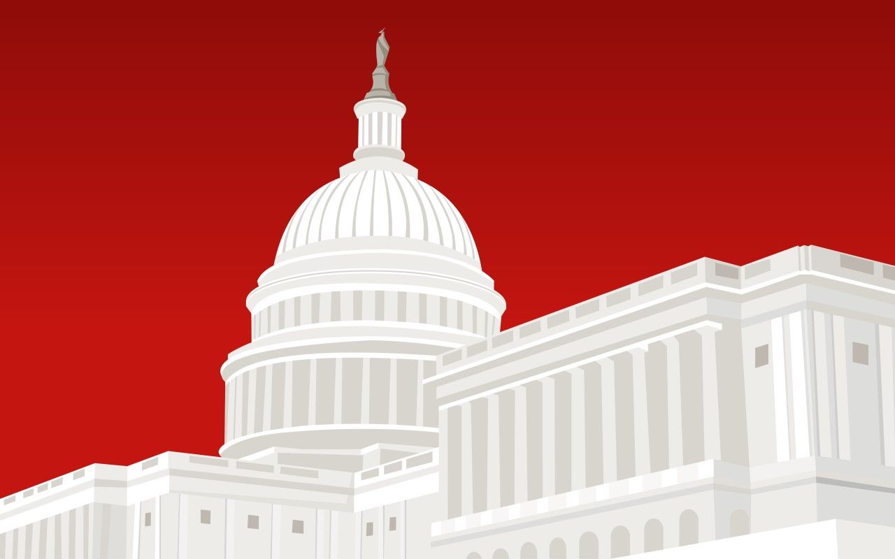 Stylized illustration of the US Capitol building's white dome and columned facade set against a bold red background.