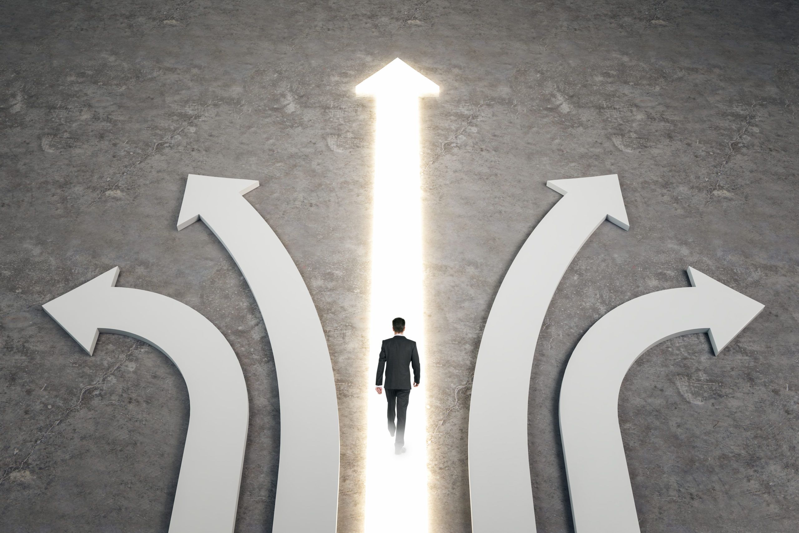 Businessman in a suit walks toward a glowing upward arrow, choosing the straight path among diverging curved arrows on