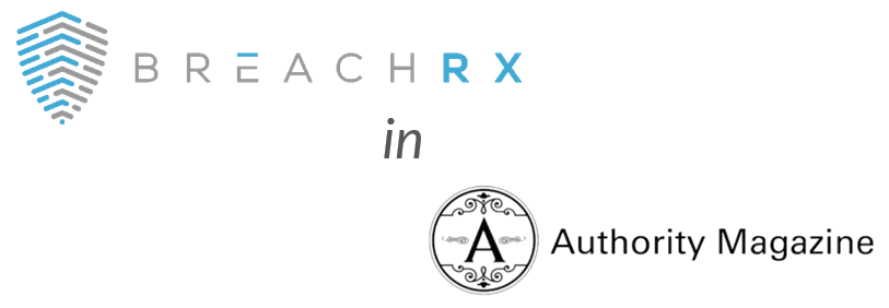 BreachRX logo featured in Authority Magazine, displayed with both brand logos and an "in" connector.