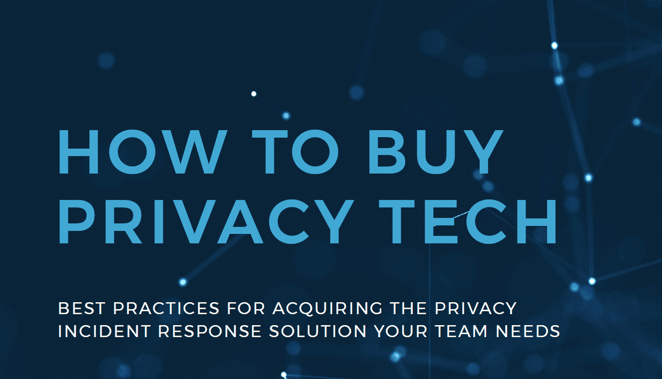 "How to Buy Privacy Tech" title with subtitle on acquiring privacy incident response solutions, set on a dark blue network