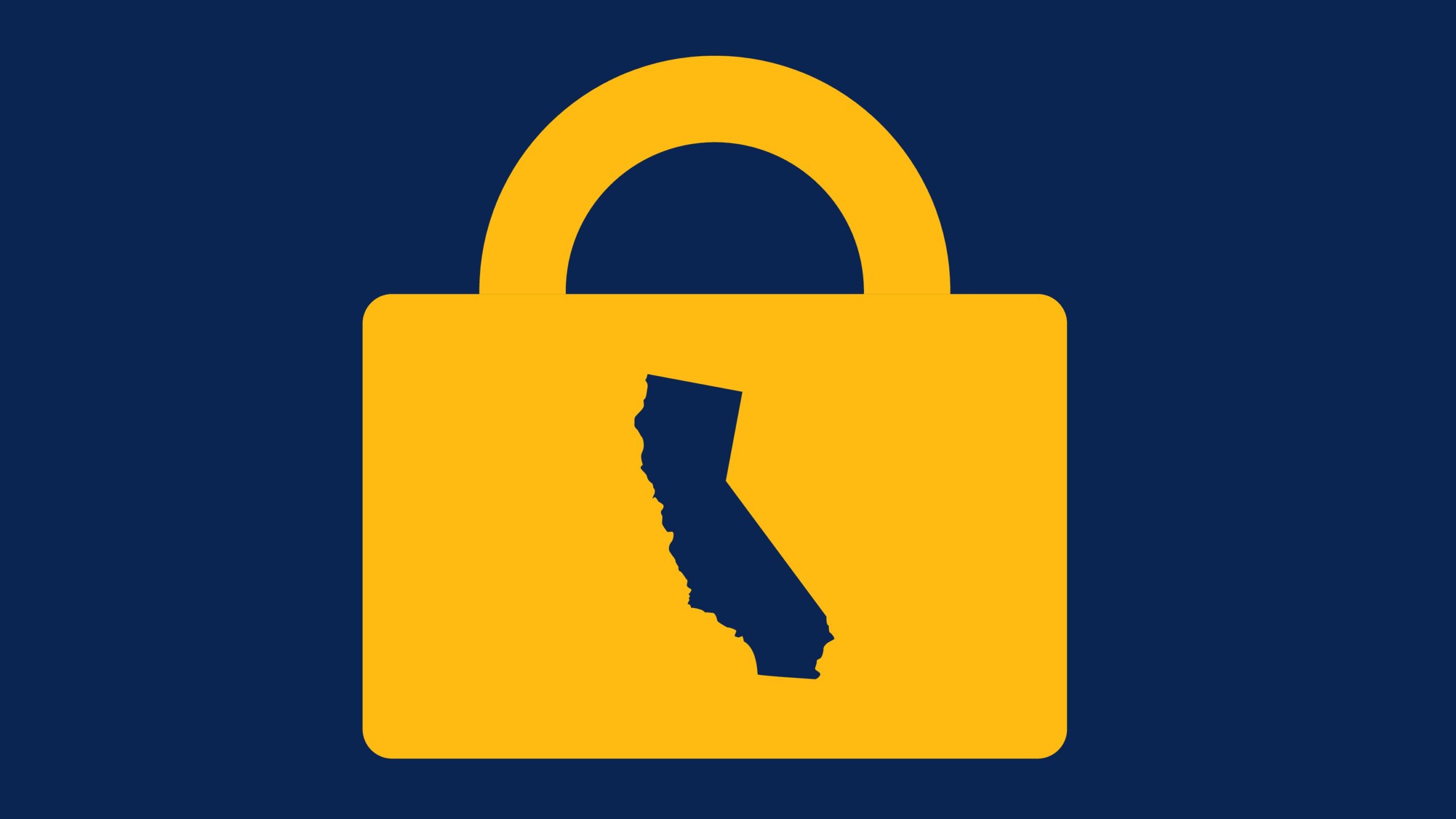Yellow padlock icon featuring the silhouette of California against a navy blue background, symbolizing state privacy