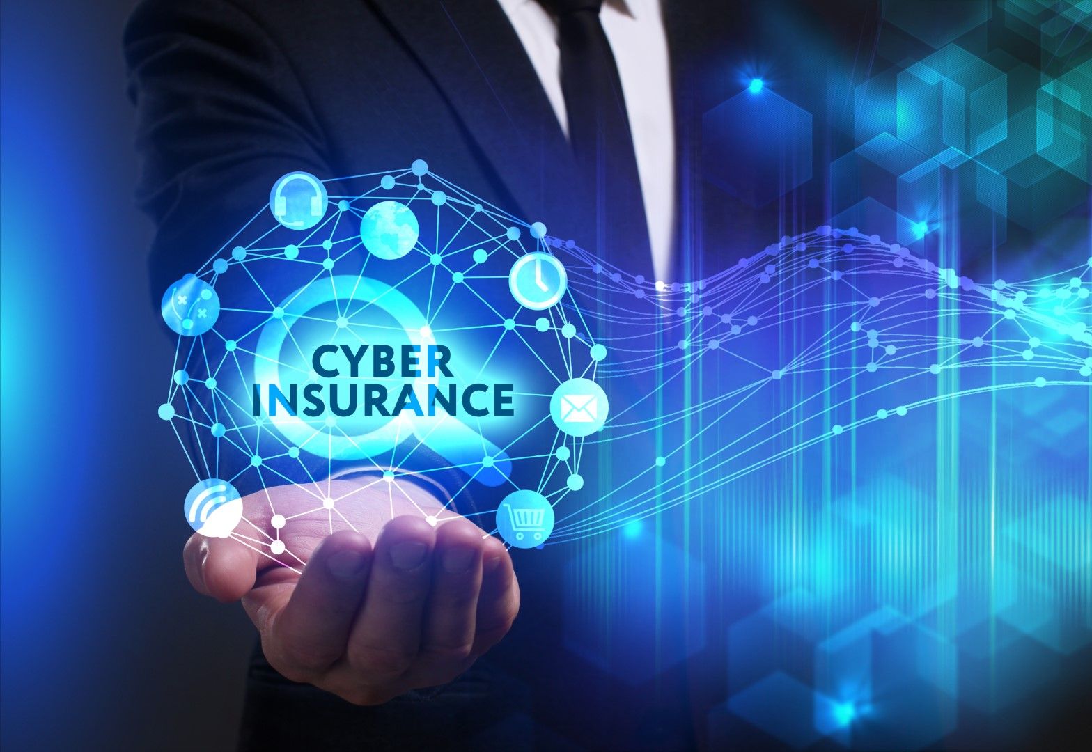 Businessman in a suit holding a glowing digital network sphere displaying "Cyber Insurance" with surrounding tech icons.