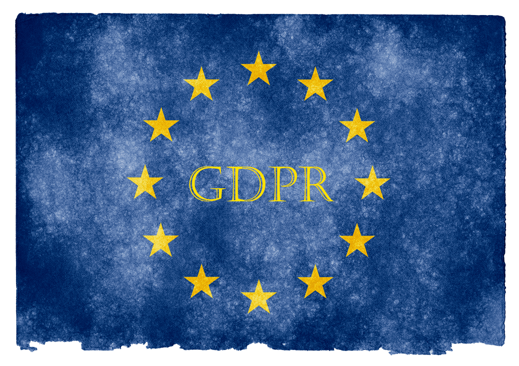 Grunge-textured European Union flag with yellow stars circling the letters "GDPR" on a weathered blue background.