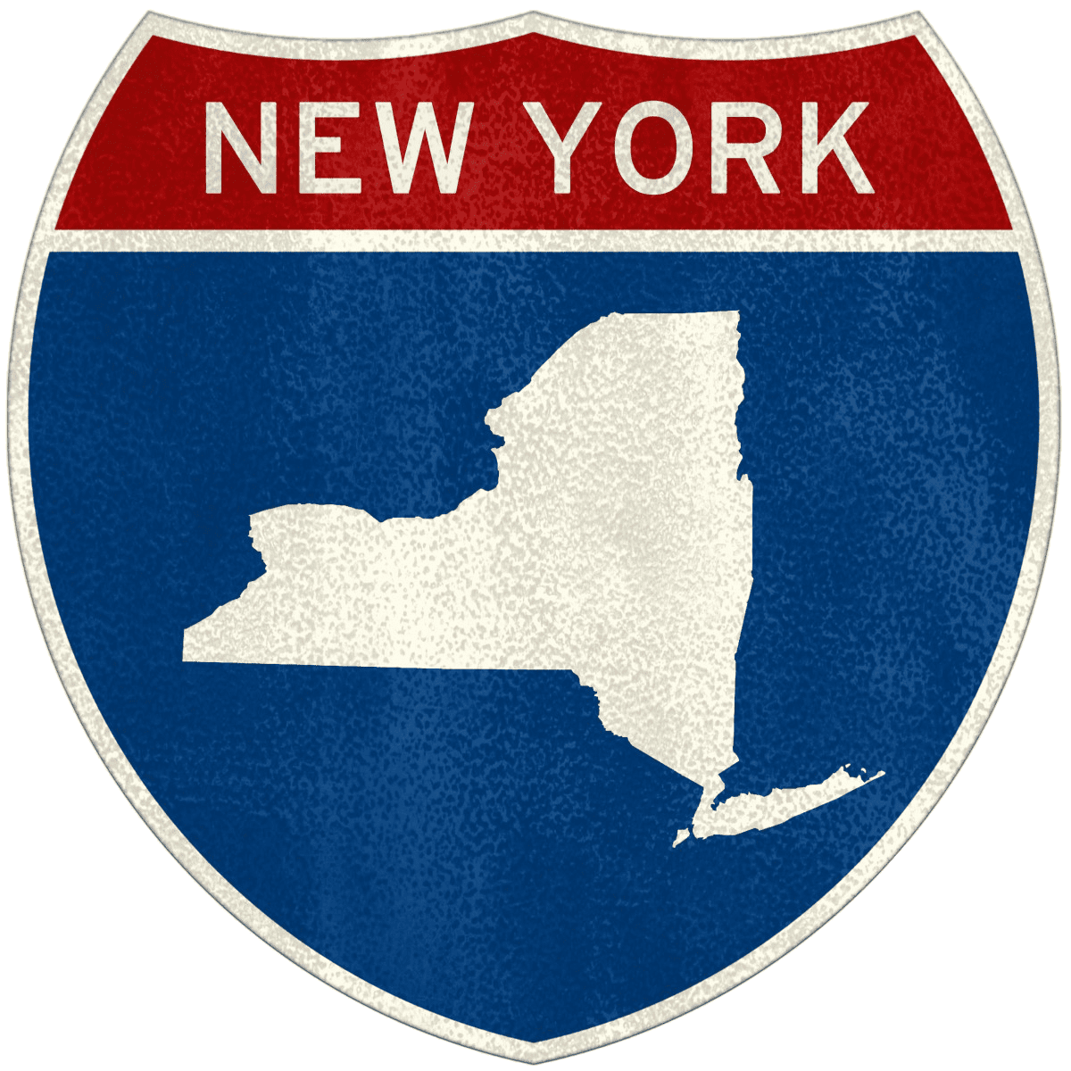 Weathered red and blue interstate highway shield featuring "NEW YORK" text above a white silhouette of the state.